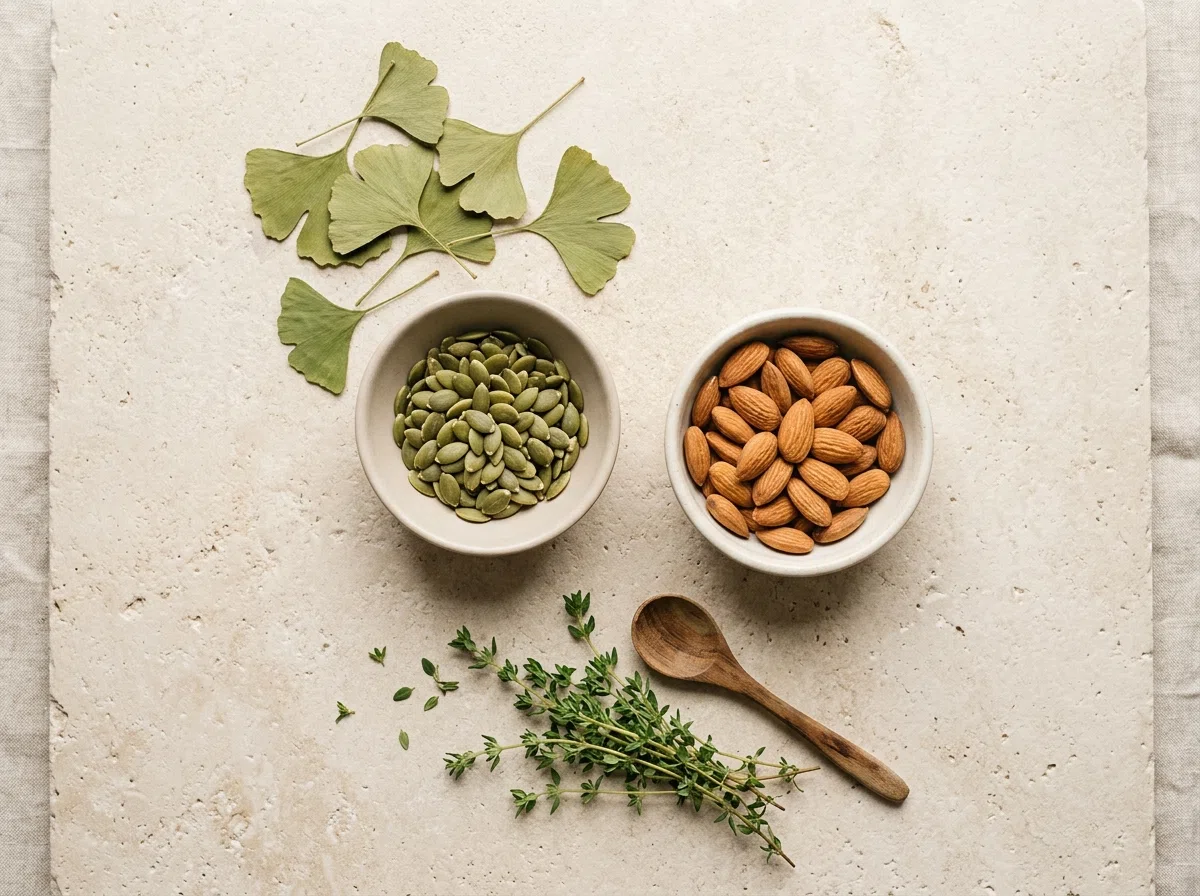 Naturlige botaniske ingredienser: ginkgo biloba, græskarkerner og urter på stenunderlag